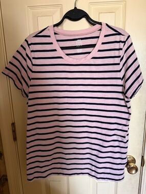LOFT Pink and Navy Striped Short Sleeve Tee